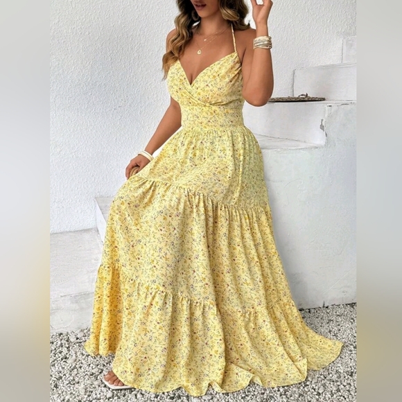 Boutique Dresses & Skirts - New Boho Floral Wrap Halter Tie Maxi Tiered Dress PLUS Yellow Multi Floral